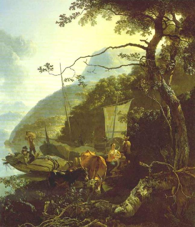 PYNACKER, Adam Boatmen Moored on the Shore of an Italian Lake  sg Sweden oil painting art